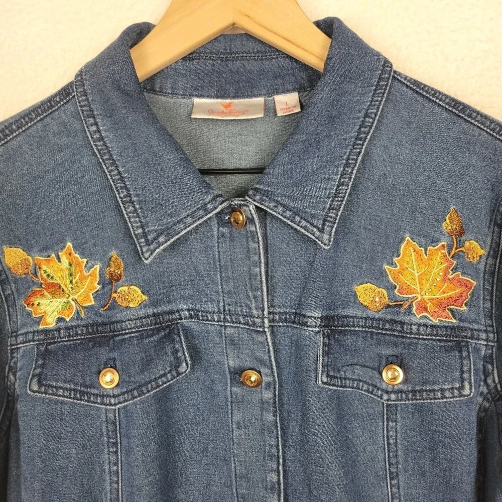 Quacker Factory Lightweight Denim Jacket Women's L Leaf Embroidery Sparkle - Picture 4 of 14